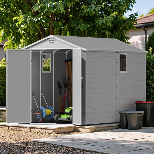 Devoko 6x10 FT Plastic Outdoor Storage Shed - Lockable Resin Tool Shed with Window & Floor - Easy Assembly for Garden, Backyard, Light Gray