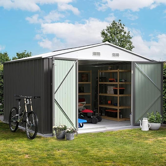 Furniwell 10x10 FT Outdoor Storage Shed, Metal Garden Sheds Outdoor Storage House with Single Lockable Door for Backyard Patio Lawn, Gray