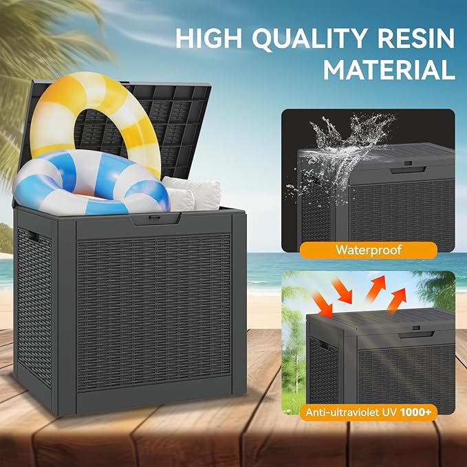 NUNU LAB 35 Gallon Outdoor Storage Box Waterproof, Outside Package Delivery Deck Boxes with Lockable Lid, Backyard Storage Bin For Garden Tools, Patio Cushions, Pool Accessories, Black