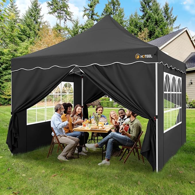 HOTEEL Canopy Tent 10x10 Pop Up Canopy with 4 Removable Sidewalls, Sandbags, Stakes & Ropes, UPF 50+ Easy Setup Event Shelter Waterproof Outdoor Instant Portable Gazebo for Party, Vendor, Black