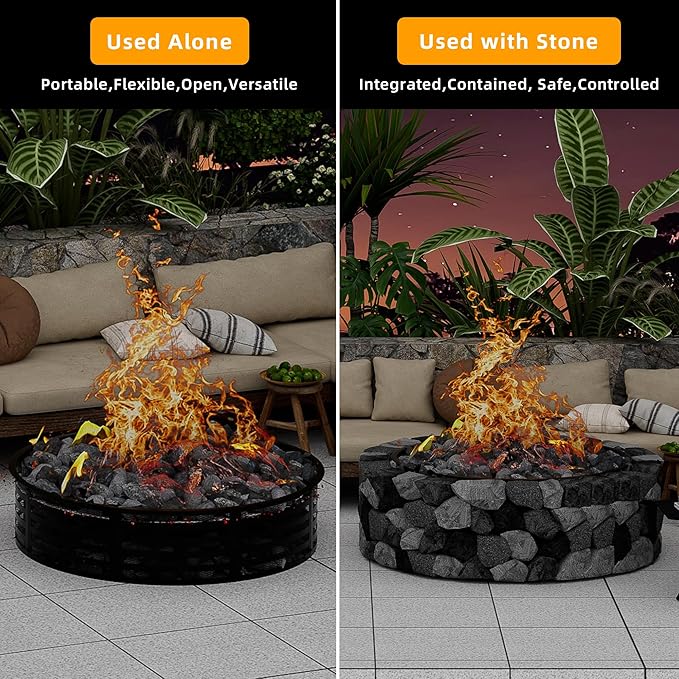 Smokeless Fire Pit Ring, 60 Inch Inner/62 Inch Outer, 11.9" Height, Heavy Duty Metal Fire Ring for DIY Fire Pits, Outdoor Above or In-Ground, Camping Garden Patio Backyard