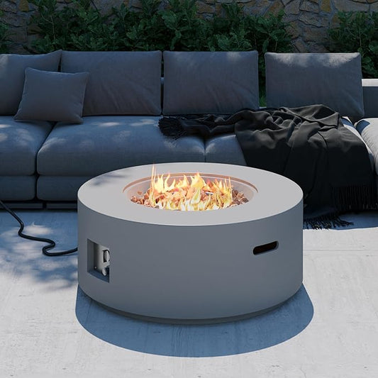 32 inch Round Propane Fire Table, 50,000 BTU Gas FirePit, Patio Fire Pit Table with Steel Lid, Rain Cover, 10ft Propane Hose, Lava Rocks, Grey