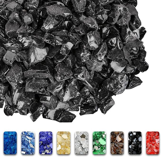 GRISUN Onyx Black Fire Glass for Fire Pit, 10 Pounds 1/2 Inch Tempered Glass Rocks for Natural or Propane Fireplace, Safe for Outdoors and Indoors Firepit Glass