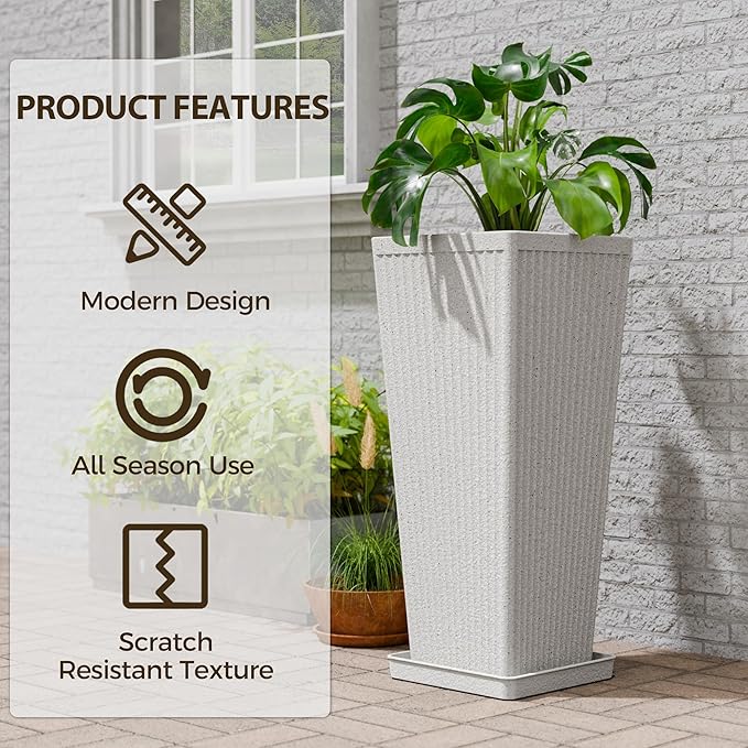 Tapered Tall Planters for Outdoor Plants 2 Pack- 23.6 Inch Heavy-Duty Classic Square Indoor Flower Pots with Drainage Holes/Partition/Tray, Large Outdoor Planters for Porch Patio, White