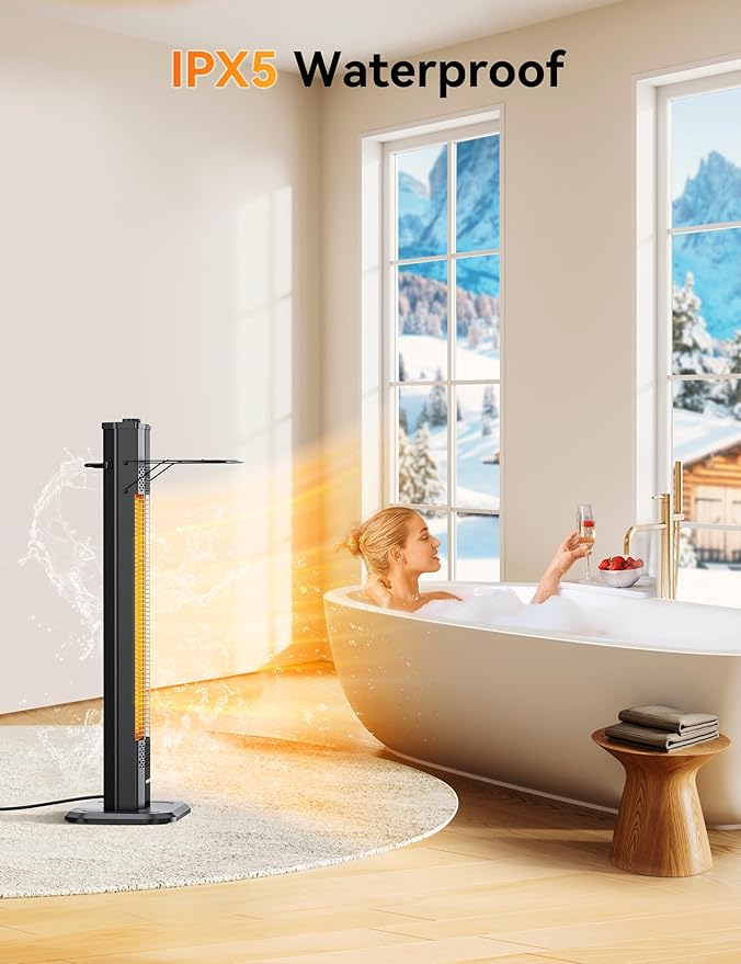 VAGKRI Outdoor Electric Patio Heater, 1500W Dual Carbon Tube 36-inch Infrared Heater, Tip-Over & Overheat Protection,1S Instant Heat, IPX5 Waterproof, Tower Space Heater for Patio, Backyard & Garage