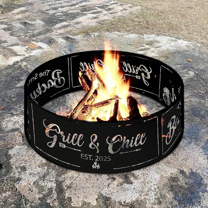 Personalized Grill & Chill Fire Pit Ring 360 Degree, Outdoor Fireplace, Custom Fire Pits for Outside Wood Burning, Patio Firepit, Camping Bonfire Firepits, BBQ Backyard Garden Decor
