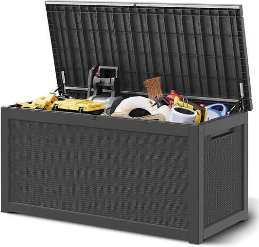 31 Gallon Resin Deck Boxes Waterproof, Waterproof and UV Resistant Outdoor Storage Box Lockable Lid for Delivery Box, Indoor, Garden Tools, Pool Supplies, Patio (Black, 260 Gallon)