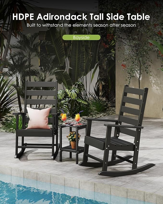 GREENVINES Tall-Outdoor-Side-Table | 23.5" | HDPE Plastic | Patio Adirondack End Tables | All Weather | 2-Tier | Black | for Porch Garden Indoor & Rocking Chairs