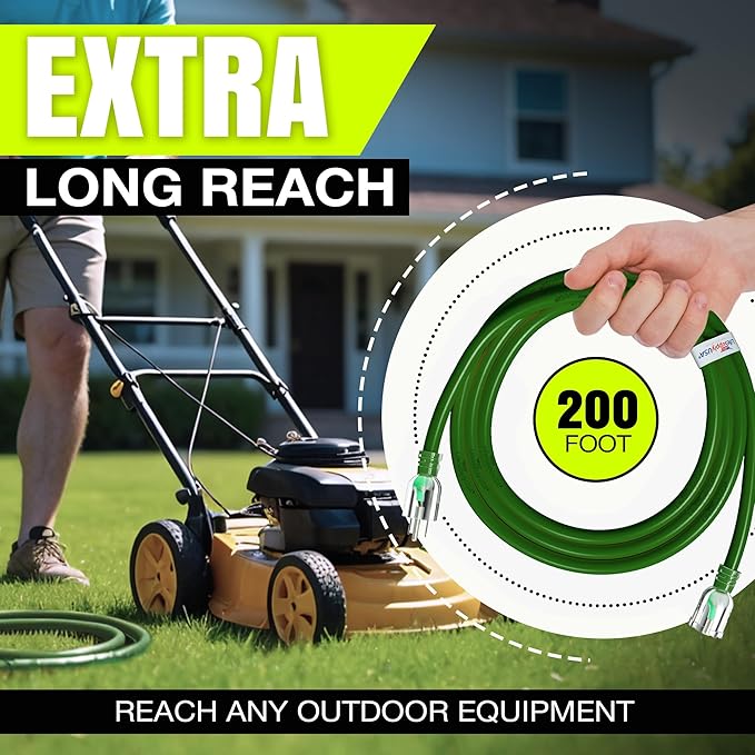 200ft Outdoor/Indoor Extension Cord 14/3 Gauge Heavy Duty 3 Prong SJTW, Waterproof, Flexible Cold-Resistant Long Power Cord,7A 125V 875W, Green by LifeSupplyUSA