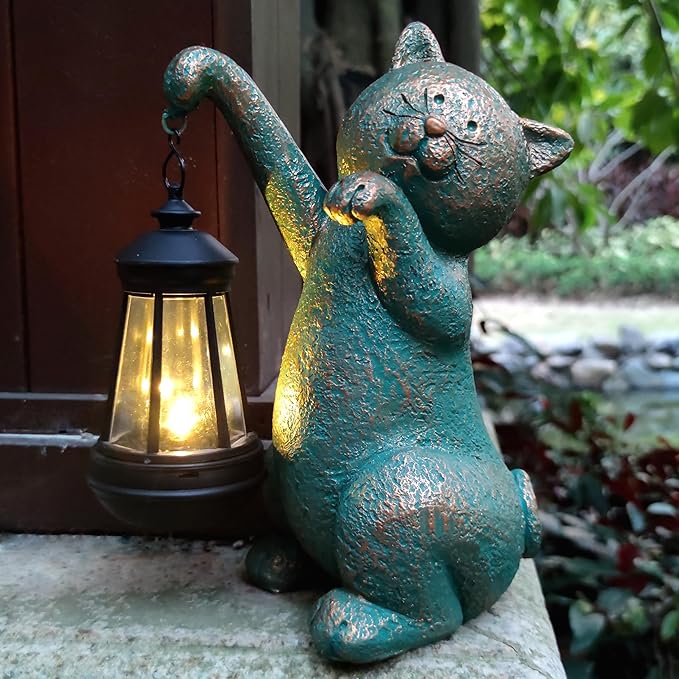 RCTTICUU Cat Garden Statue Outdoor Décor with Solar Lights Lantern,Cat Solar Light Figurines Outside Decorations for Yard，Lawn Patio, Balcony, Unique Housewarming Gifts