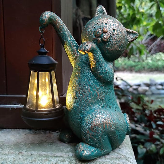 RCTTICUU Cat Garden Statue Outdoor Décor with Solar Lights Lantern,Cat Solar Light Figurines Outside Decorations for Yard，Lawn Patio, Balcony, Unique Housewarming Gifts