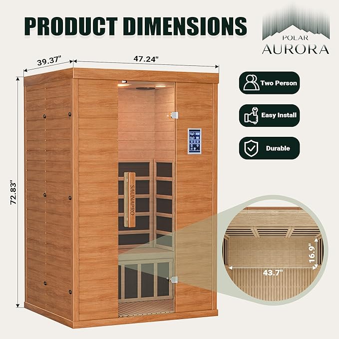 Polar Aurora 2- Person Infrared Sauna, Remotely Controllable Indoor Sauna, Low EMF 1500W/120V LCD Heater, WiFi & BT Control, 9-Color Light Therapy, Safe Flame-Retardant Material, Wood
