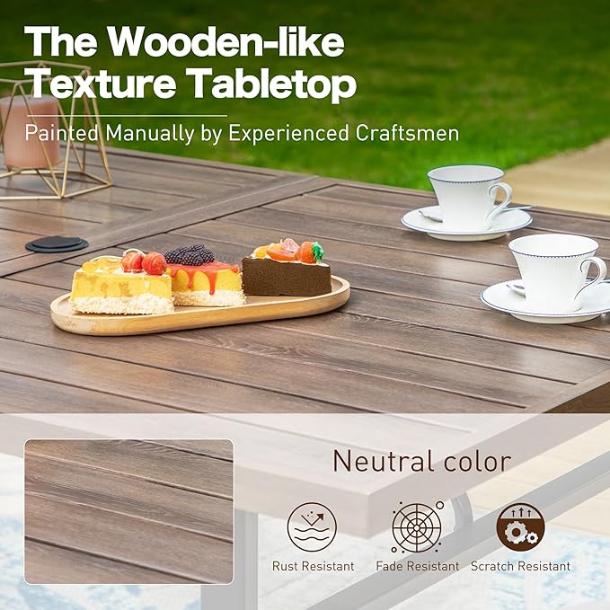 64" Patio Dining Table for 6,Teak Color Rectangle Patio Table with Umbrella Hole,E-Coating and Powder Coating Steel Frame Metal Outdoor Patio Table for Garden Backyard Lawn Yard