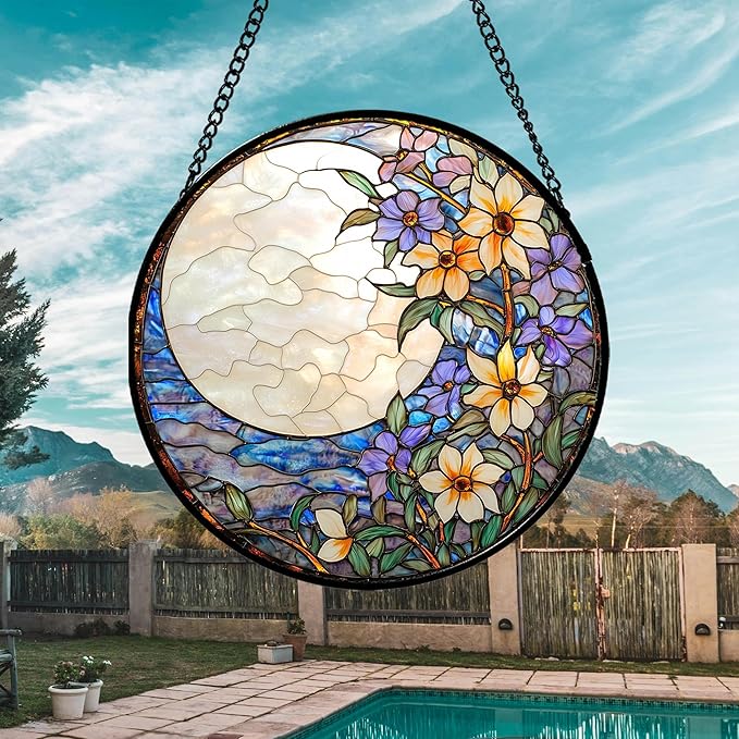 JOSUMALY Stained Glass Window Hanging - White Purple Moon Flowers Suncatcher for Door Terrace Garden Home Decor Landscape Sun Catcher Birthday Gifts for Lovers Women Men Dad Mom Nana 6.3 in