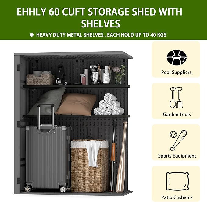 Vertical Resin Storage Shed, 60 Cuft Garden Tool Sheds & Outdoor Storage, Plastic Outdoor Storage Cabinet Waterproof, 4.5 x 2.3 ft Backyard Outside Lawn Mower Storage Shed, Grey