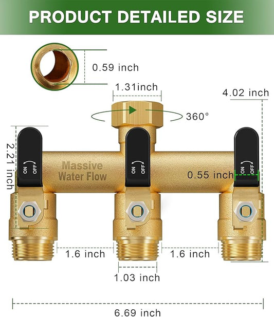 3 Way Hose Splitter, Heavy Duty Full Flow Garden Water Hose Bib Spigot Splitter, Brass Rust and Freeze Resistant Outdoor Faucet Splitter, T Adapter Connector with 3/4 - Inch GHT Thread （Black）