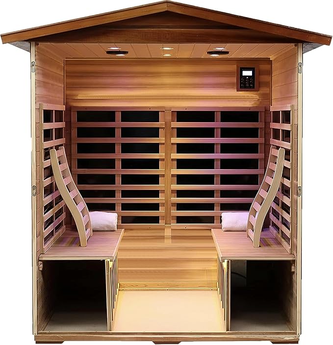 LTCCDSS Ultra-Low EMF Outdoor Sauna 4 Person, Mahogany Far Infrared Sauna for Home EMF Average 0.5 mG, Chromotherapy, Bluetooth Speaker (68.1 * 52.4 * 82.7 inch)