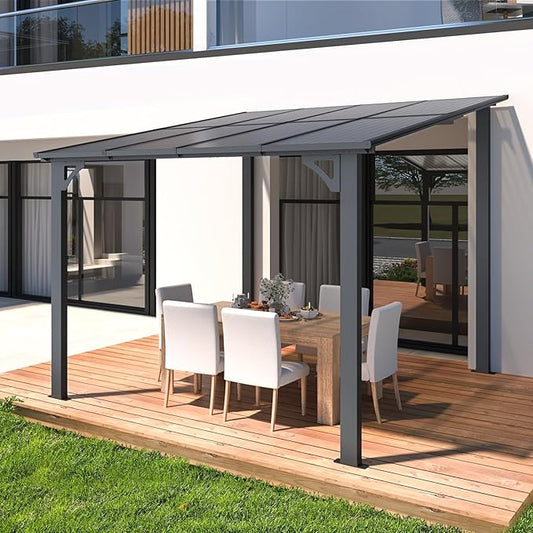 AECOJOY 8' x 8' Gazebo for Patio, Small Wall-Mounted Lean to Gazebo Pergola with Roof (64 Sq.Ft Shaded) on Clearance, Hard Top Heavy Duty Awnings for Decks, Backyard and More