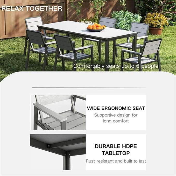 Kingdura 7 Piece Patio Dining Set for 6, HDPE Outdoor Table & Chairs with Umbrella Hole, All-Weather Outdoor Furniture Patio Conversation Set for Lawn Pool Backyard, Grey
