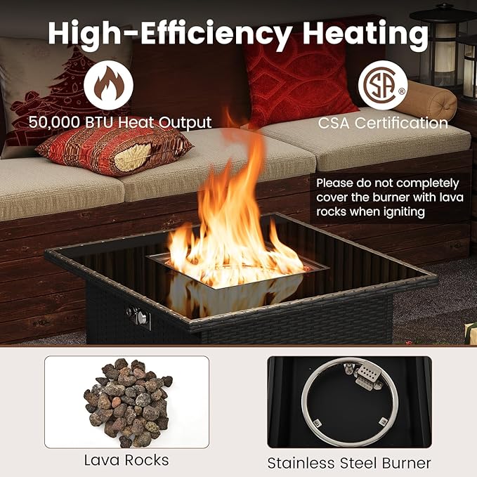 Tangkula 32.5 Inch Propane Fire Pit Table, Outdoor Rattan Gas Firepit with Tempered Glass Tabletop & Stainless Steel Burner, Square Fire Pit with Lava Rocks & Protective Cover for Outside Patio