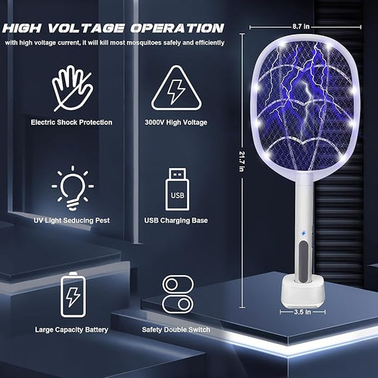 3 Packs Electric Fly Swatter Rackets, 2-in-1 Handhold Bug Zapper with 3000V High Voltage, Plug-in Mosquito Killer Insect Light Trap with 3 Layer Safety Mesh Portable for Indoor Outdoor Use