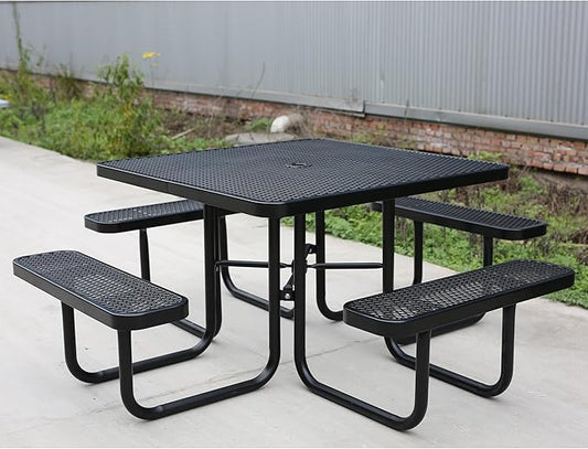 8-Person Outdoor Picnic Tables,46" Heavy-Duty Metal Square Picnic Table,Expanded Metal Commercial-Grade Table with 4 Benches & Umbrella Hole,Waterproof Coating Beach Table for Patio,Garden, Backyard