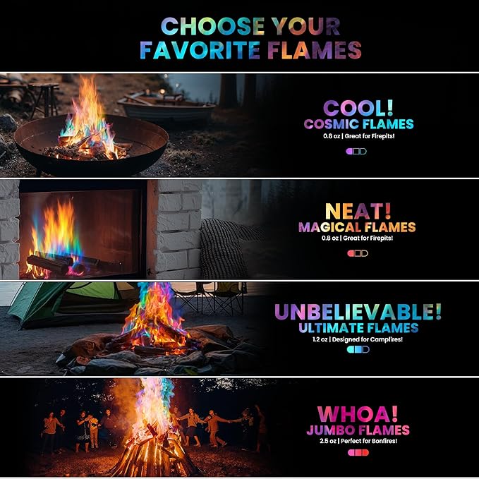 Magical Flames Fire Color Packets (Ultimate 12 Pack), Vibrant Multi-Color Fire for Fire Pits, Campfires, Bonfires & Fireplaces - Camping Essentials & Outdoor Party Accessories
