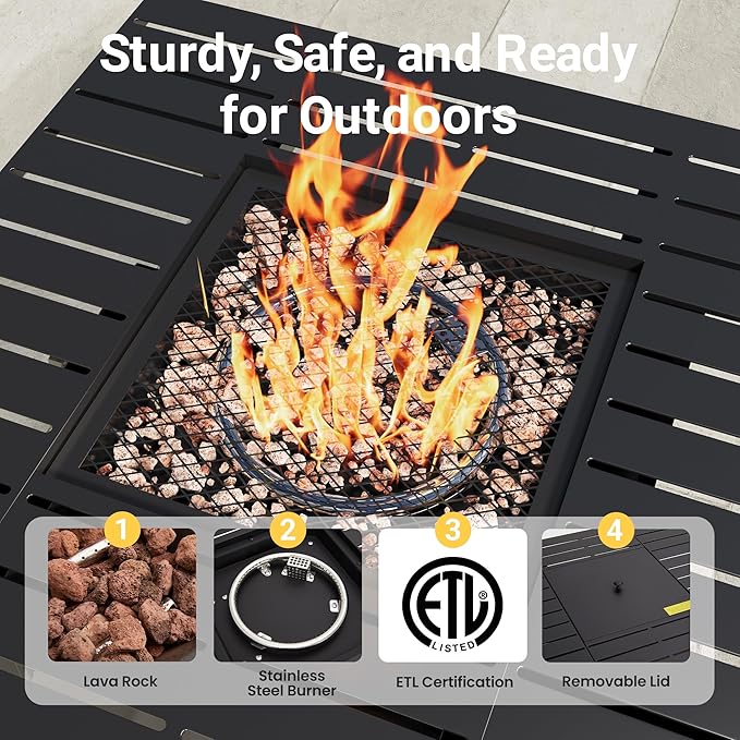 30'' Propane Fire Pit Table, 50000 BTU Gas Fire Pits Table with Removable Lid and Lava Rock, Square Fire Table with Cover, Ideal for Dining or Party on Patio, Garden, Yard, Black