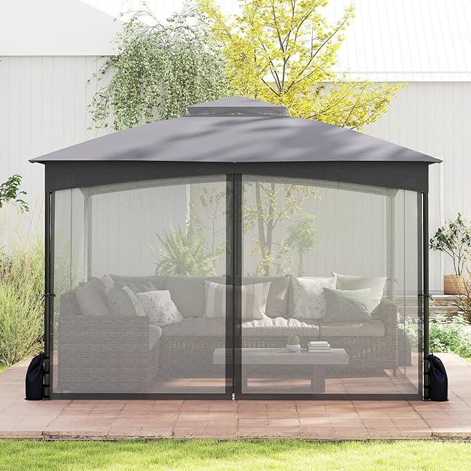 Tangkula 10x12 FT Outdoor Gazebo with Netting, Double Roof Patio Shelter with 4 Sandbags, Zippered Doors, Heavy-Duty Metal Frame, Metal Patio Gazebo for Yard Garden Lawn (Grey)