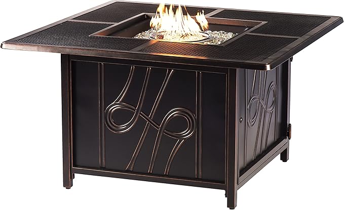 Oakland Living Black Aluminum Patio Fire Table Set with Four Club Chairs with Black Cushions
