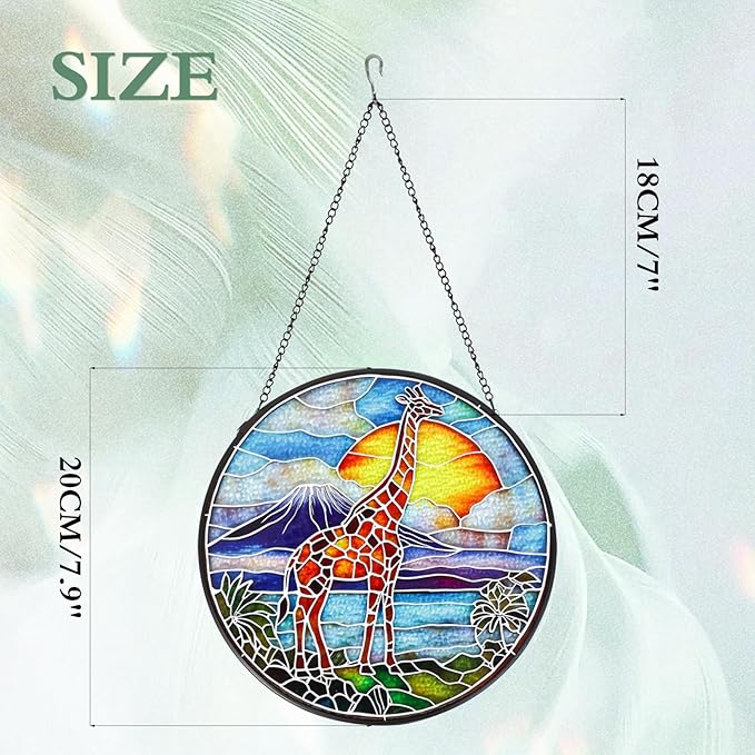 Wkyqes Giraffe Handmade Stained Glass Window Hanging Suncatcher with Chain - 7.9" Outdoor/Indoor Art Decor for Home Garden, Wedding, Mother's, Valentine's & Christmas Ornaments Present Gifts