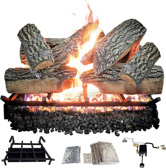 30" Premium Gas Logs - Safety Pilot Light Kit Included - for Liquid Propane Vented Fireplaces - Blazing Oak Design (Logs + Safety Pilot Light Kit)