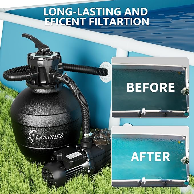 LANCHEZ 13" Sand Filter Pump for Above Ground Pool, 3/4 HP Pool Pump, Max 3500 GPH for Pools Up to 11,000 GAL, 6-Way Valve Pool Sand Filter System