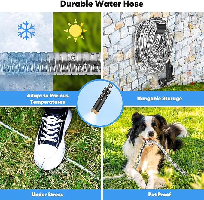 Garden Hose 100 FT, Metal Stainless Steel Water Hose with 10 Function Nozzles, No Kinks, Flexible Hose, Lightweight, Puncture Proof, Heavy Duty Hose for Yard and Outdoor