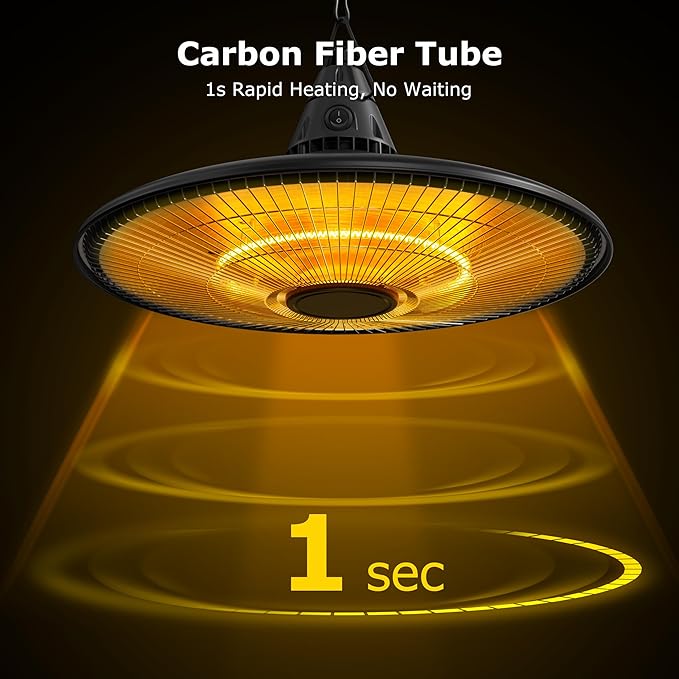 Ceiling Electric Outdoor Heater Wall-Mounted Hanging Patio 1500W Infrared 9 Heat Levels, 24H Timers, Carbon Fiber Tube Heating Wall Heater for Gazebo, Balcony (Black - Circular Heating)