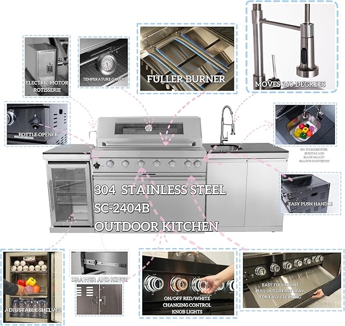 BBQ Island Outdoor Kitchen: 96-Inch 6-Burner 85000 BTU Modular Outdoor Grill Islands with Grill + Wine Cooler Refrigerator + Rotisserie + / Steel Sink/Storage Cabinets & Drawers