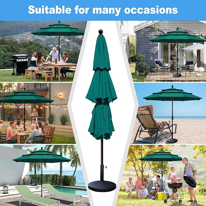 Eurmax USA 10-Year-Non-Fading 10Ft 3 Tiers Market Umbrella Outdoor Patio Umbrella Table Umbrella with 8 Ribs,Hand Crank and Ventilation (Teal)