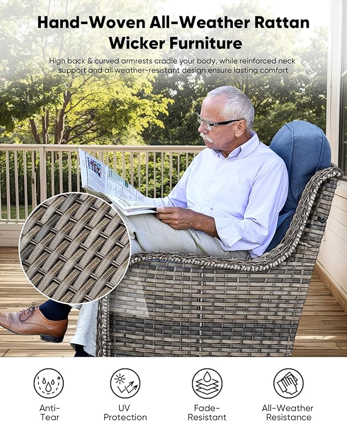 HUMMUH Wicker Patio Furniture Set 6 Inch Thick Cushion Outdoor Swivel Rocker Patio Chairs with Deep Seat Sofa 5PCS Outdoor Furniture Set for Porch Garden Deck
