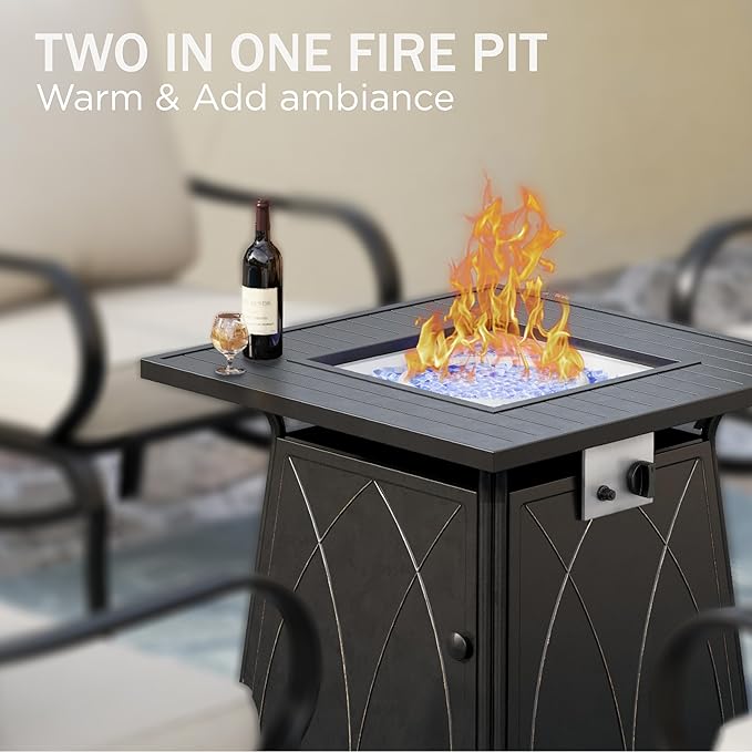 PHI VILLA 5 Piece Patio Furniture Set with 28" Firepit Table, 4 Outdoor 5.75" Cushioned Metal Frame Sofa Chairs & 28" Gas Firepit Table, Outside Furniture Set for Lawn Garden