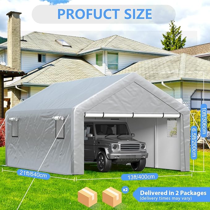 Carport 13x21ft Heavy Duty Large Outdoor Storage Shed with Roll-up Windows, Portable Garage w/Removable Sidewalls & Doors, Car Canopy Tent w/Sandbags & Tarp for Car Boat Truck