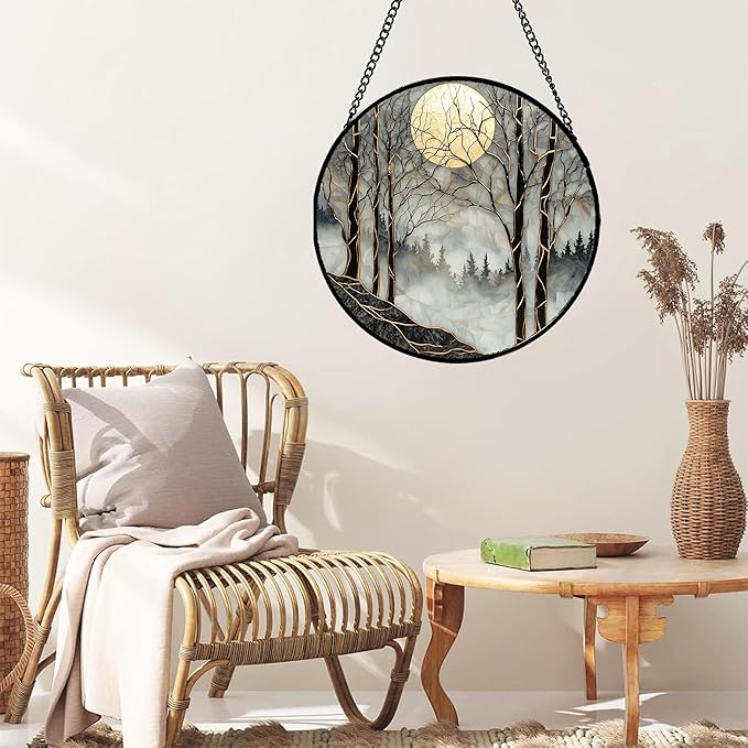 AMDERVEN Stained Glass Window Hanging - Black and White Gold Moon Forest Sun Catcher for Door Home Decor Suncatcher Christmas Mother's Day Birthday Gifts for Women Men Lovers Mom Nana 6.3 in