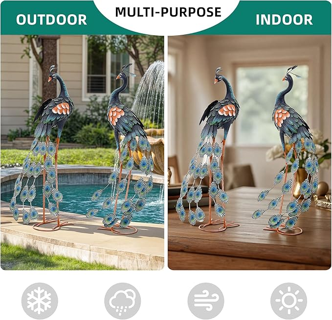 Ultym Large Metal Peacock Garden Decor- Handmade 32" Oversize Standing Peacock Statue with Stable Ground Stakes, Backyard Decoration, Metal Garden Art Sculptures