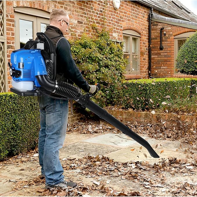 Reheyre 75.6CC Backpack Leaf Blower, 750CFM 205MPH 4-Stroke Engine Gas Leaf Blower Back Pack Leaf Blowers Gas Leaf & Snow Blower for Lawn, Garden & Commercial Use Blue BBX9900