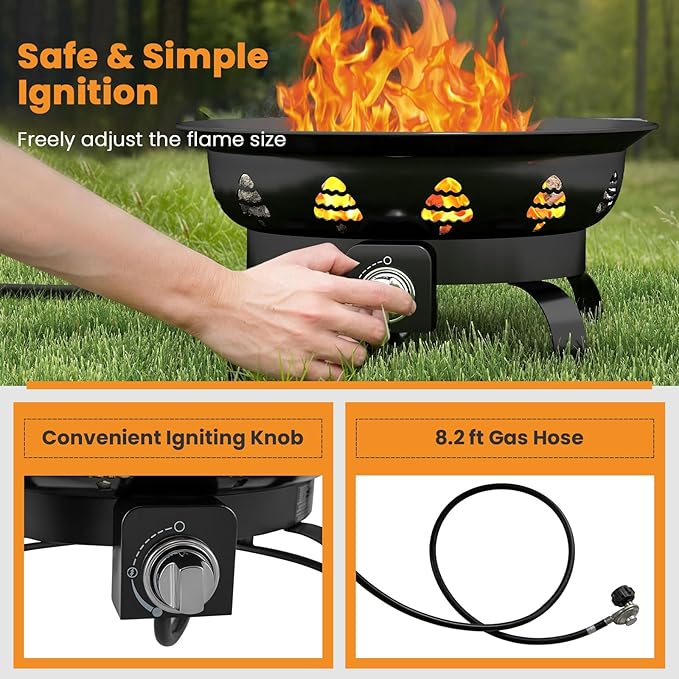 Tangkula Propane Fire Pit, 21 Inch Diameter Patio Portable Fire Bowl with Cover, Igniter & Tank Base Holder, 58,000 BTU Outdoor Gas Firepit with Lava Rock for Camping, Patio, Beach