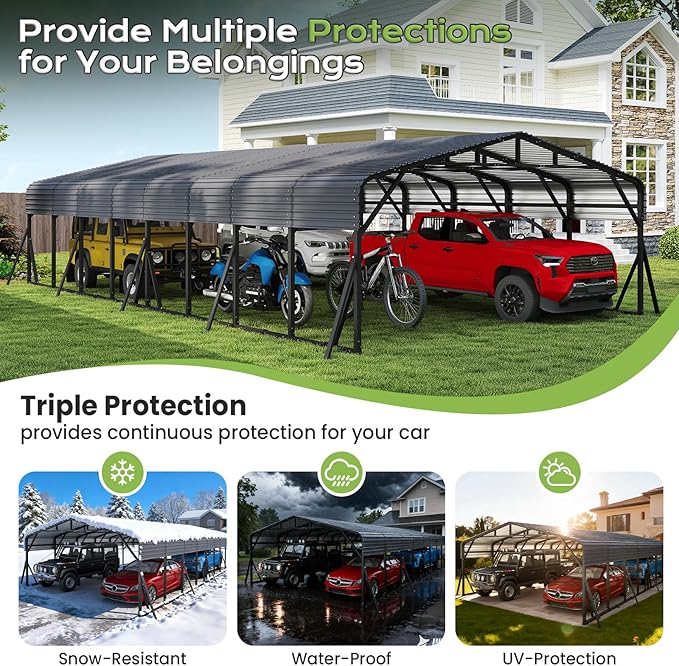 20x40FT Metal Carport, Heavy Duty Car Garage w/Reinforced Support Rods and Windproof Ground Anchors, All-Weather Multi-Use Outdoor Shelter for 4 Car, Boats and Truck