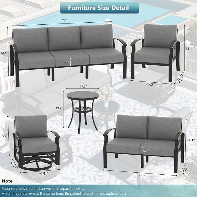 Aluminum Patio Furniture Set with Fire Pit Table, 5 Seats Outdoor Patio Conversation Set with Swivel Chair Modern Metal Patio Sectional Sofa with Upgrade Cushions for Patio, Backyard Grey
