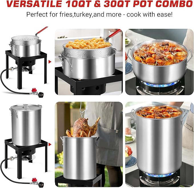 OT-3016 Turkey Fryer with Boiler Steamer Set Basket & 50,000BTU Propane Burner, Outdoor Deep Fryer & Seafood Crawfish Boil Pot with Thermometer, Marinade Injector, Turkey Rack & Rack Lifter