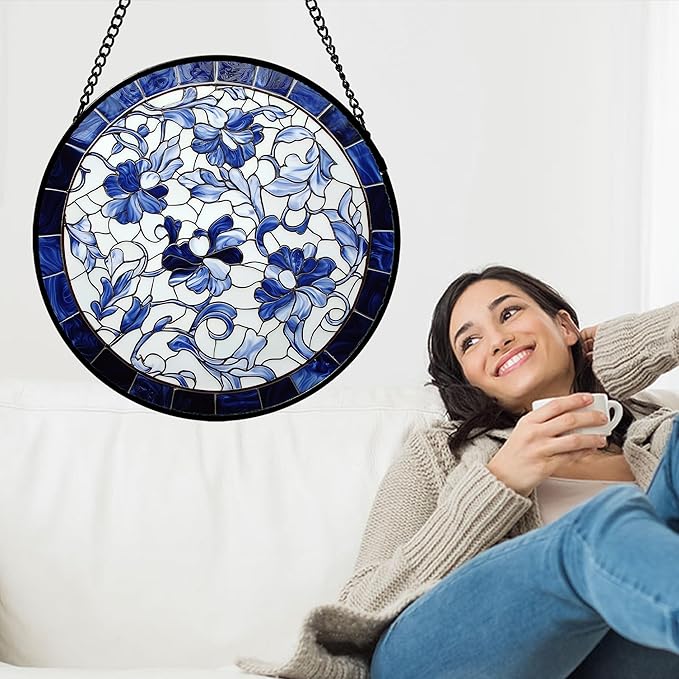 AMDERVEN Stained Glass Window Hanging, Blue and White Abstract Flowers Sun Catcher for Door Home Decor Suncatcher Christmas Mother's Day Birthday Gifts for Women Men Mom and Nana 9.8 in