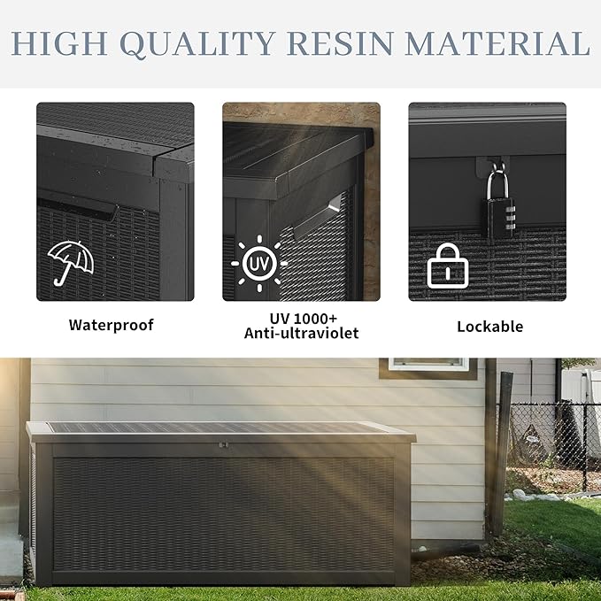 NUNU LAB 300 Gallon Outdoor Storage Box,Resin Large Sturdy Deck Box, Backyard Outside Storage Box Waterproof with Double Wall Panels,Package Delivery Garden Outdoor Hose Bin
