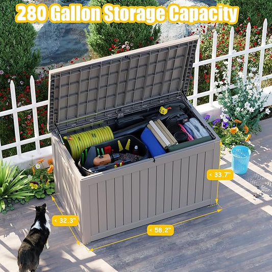 ROJIK Outdoor Storage Housing Deck Box,Waterproof Patio Furniture, Garden Tools,Cushions,Pool Accessories Storage Bench with Lockable Lid and Side Handles (Grey,280 Gal)